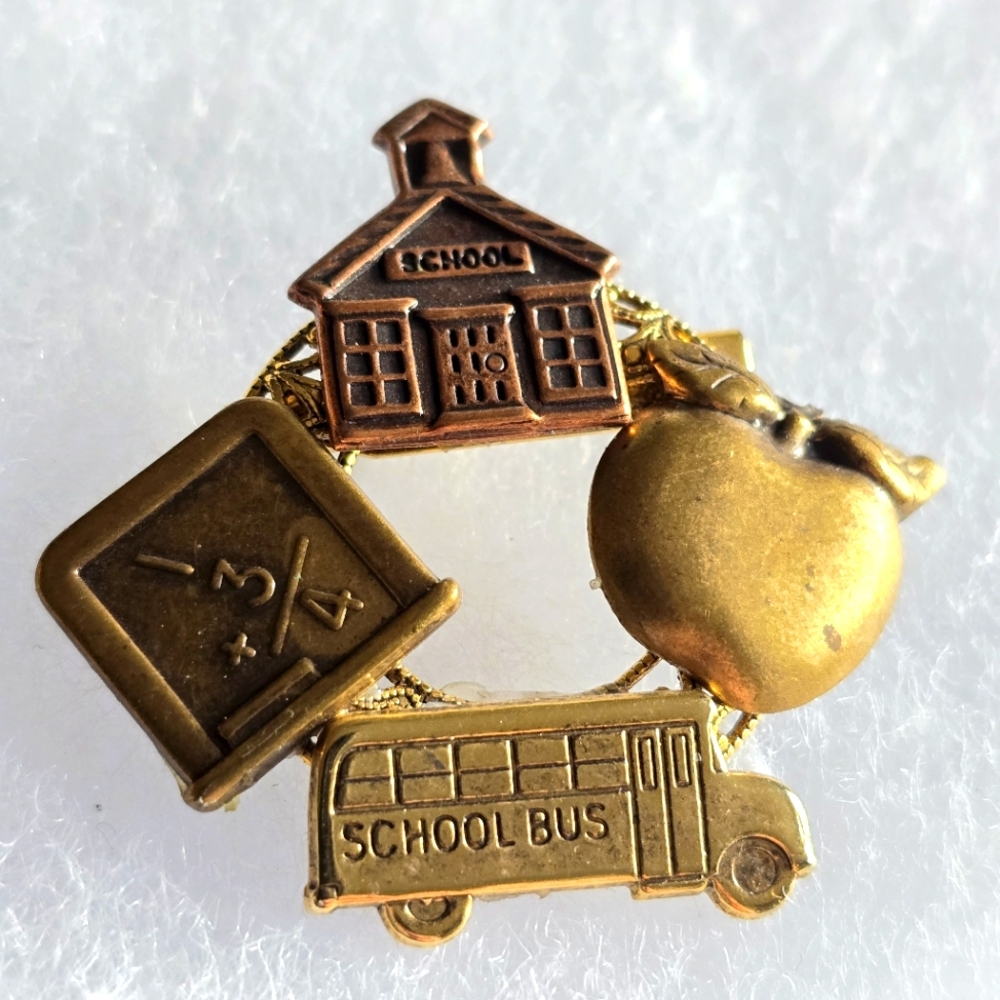 Vintage teacher brooch gold tone pin circle wreath apple school bus
